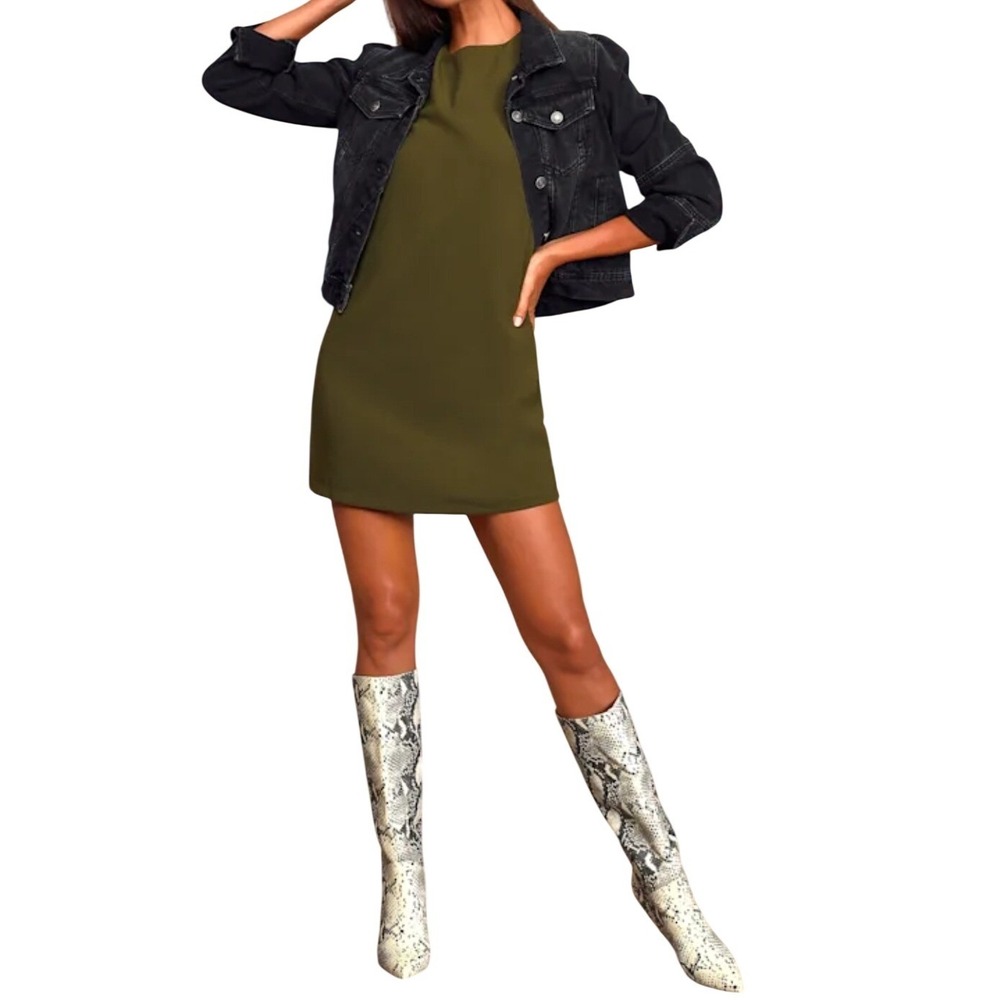 NWT Lulus Shift and Shout Olive Green Short Sleeve Mini Shift Dress M Party Mod - Picture 2 of 12